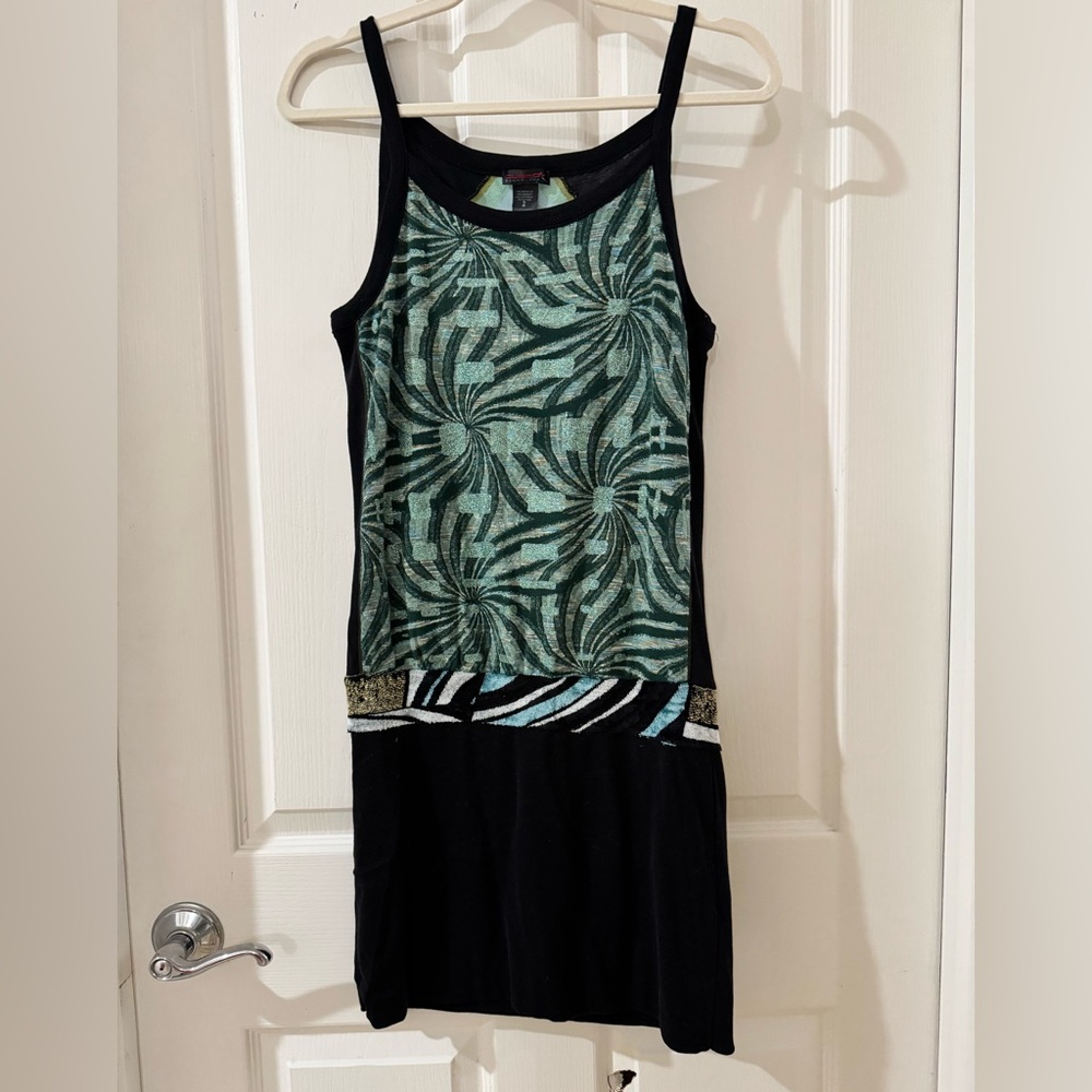 Y2K Custo Barcelona Black and Teal Patterned Tank Dress